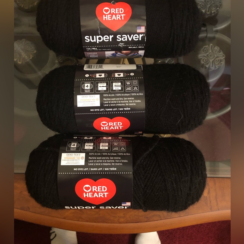 3 Skeins of RED HEART SUPER SAVER Yarn.7 oz. 4 Medium. BLACK/NOIR